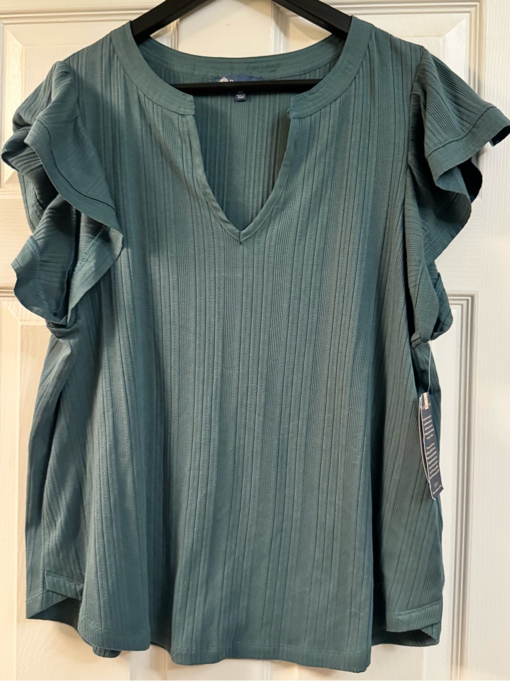 Democracy Teal Ribbed V-Neck Ruffle Sleeve Top